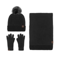 Winter 3-piece set with black knit beanie, scarf and gloves featuring gray faux fur pom - Black 3-Piece Set
