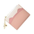 Pink and white contrast mini card holder with lychee texture leather and gold bell - Pink