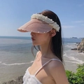 Pink straw open top sun hat with pearl trim decorations for summer beach outings - M (56-58cm) / Pink