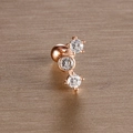 Macro shot of rose gold leaf stud earrings with three white cubic zirconia stones - 3# Vertical Three Gems / Rose Gold
