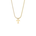 Detailed view of capital letter T pendant in gold finish on a sleek snake chain - Style T