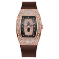 Rose gold tonneau watch with diamonds and dark brown silicone strap for women - Coffee