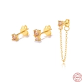 S925 sterling silver asymmetrical chain tassel earrings set with champagne zircon - Gold - Set of 3 Champagne Zircon