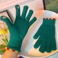Guanti lavorati a maglia verde senza dita con polsini a righe rosse e gialle - Stile semplice / Verde Scuro