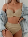 Beige ribbed twist-front bikini set with high-waisted ruched bottoms and thin straps - S / Khaki