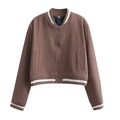 Women's brown varsity baseball jacket with striped ribbed trim and button-up front - S / Camel