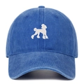 Close-up of white poodle embroidery on washed blue cotton vintage baseball cap - Dark Blue