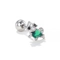 Detailed macro view of silver flower stud earring with green heart shaped zircon stone - Style 1426 / Silver
