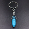 Detail of turquoise hexagonal pillar pendant with silver alloy ring on grey background - Turquoise