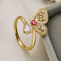 Macro view of adjustable butterfly ring with teardrop zircon and white pearls - 13171 / Red Eye