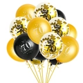 Golden and black 70th Happy Birthday balloons set with shiny gold confetti and ribbons - 70th Birthday