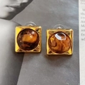 Orecchini a perno quadrati vintage in resina ambra e metallo dorato su rivista di moda - 5# Perno in Argento - Leopardo Marrone - Quadrato