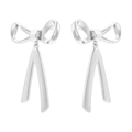 Detailed view of silver bow-shaped drop earrings featuring minimalist fluid metal tassels - VE1265 Silver Long Ribbon Bow Dangle Earrings