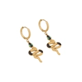 Golden snake hoop earrings with green gemstone eyes and black enamel spot details - Gold Hoop Snake Earrings Green Eyes Black Spots (6#)