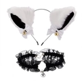 Detail of white plush cat ear headband with gold bells and black lace choker necklace - White/Black Inside Cat Ears + Black Lace Choker