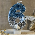 Blue glitter number 6 ocean theme birthday candle with starfish and seashell decor - Number 6