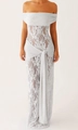 Detail of silver-grey lace dress with off-shoulder neckline and knotted waist drapery - White / S