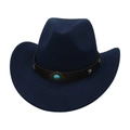 Détail d'un chapeau de cow-boy bleu marine avec pierre turquoise et ruban en cuir suédé - Bleu Marine