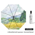 Manual folding umbrella featuring Van Gogh Wheat Field with Cypresses artwork print - 3-Fold Manual Wheatfield and Cypresses - Silver Coating