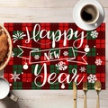 Macro detail of red and green plaid placemat with Happy New Year text and snowflakes - CD40-6/Normal Linen/Happy New Year Script / 30x45cm
