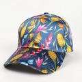 Detail of silk satin baseball cap featuring tropical floral and butterfly prints - Adjustable / Dark Blue (Butterfly & Floral Print)