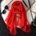 Fashionable red chiffon long scarf with black polka dots on white faux fur background - Red Black Polka Dot