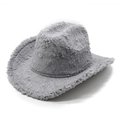 Top view of a grey plush cowboy hat with faux shearling texture and wide brim - M / Gray