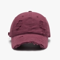 Distressed burgundy washed cotton baseball cap with torn edges and vintage style - Adjustable / Wine Red(25A266)