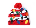 Bonnet de Noël festif à rayures rouges et blanches avec lumières LED et pompon - Adulte (Élastique) / Guirlande Lumineuse Rouge (Sans Revers)