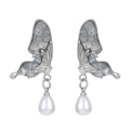 Asymmetric liquid butterfly drop earrings with blue crystal inlay and white pearls - Pearl Crystal Butterfly (2025)