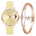 Macro shot of stylish quartz watch dial with moon motif and matching star bangle - Watch + Star Bracelet / Yellow