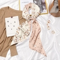 Vintage French silk scarf with rabbit pattern and dots displayed with stylish accessories - #387 Round Dot Rabbit Milk Tea Beige