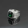 Silver dragon ring for men featuring a green square emerald-cut gemstone inlay - US 7 / Silver Green Gemstone