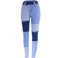 Slim fit patchwork jeans met hoge taille in blauw denim en onafgewerkte zoomrand - S / Blauw