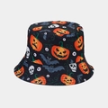 Detail of Halloween bucket hat with pumpkin, skull, and bat prints on black fabric - M (56-58cm) / Halloween Pattern Print Style (No. 1)