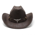 Bruine suède cowboyhoed met zilveren stierenkop embleem op een decoratieve lederen band - M(56-59CM) / Donkerbruin (Textuurstijl)