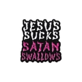 Shield-shaped metal badge featuring Jesus Sucks and Satan Swallows text in gothic style - Jesus Quote Design (QHXZ2319)