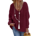Detail of burgundy V-neck knitted sweater featuring thick chunky knit texture and loose fit - 2XL / Burgundy