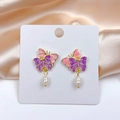 Detail of butterfly earrings with pink and purple enamel and elegant pearl drops - Double Butterfly Enamel Earrings (17#) / Pink Purple
