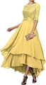 Elegant bright yellow high-low hem evening dress with delicate lace floral bodice - US 2 / Tops / Yellow