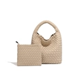 Beige woven bucket bag and matching pouch set with premium leather texture - Beige Apricot