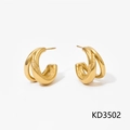 Golden double C-shaped layered earrings with smooth and hammered metal textures - Gold (KD3502)