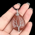 Handmade red goldstone teardrop pendant with silver wire life tree on black cord - Goldstone (Synthetic)