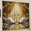 Tende di lusso con stampa 3D digitale, cigni bianchi e design del lago dorato - L1.5m x A1.66m Paio / Lago d'Oro con Cigni