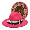 Rose red fedora featuring pearl rhinestone band and leopard print underbrim detail - M (56-58cm) / Rose Red