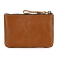 Compact crazy horse leather coin purse in dark brown with top zipper and vintage stitching - Premium Oil Leather Brown