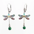 Colorful crystal dragonfly leverback earrings with silver metal and green gemstones - Earrings E (Multicolor Stones Inlaid Silver Dragonfly)