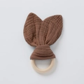 Brown cotton gauze bunny ear teether with natural wooden ring for newborn babies - Carmine