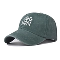 Detail of embroidered DOG MOM logo and paw print on washed dark green baseball cap - Adjustable / Green