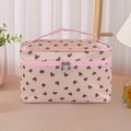 Pink vanity case with brown heart patterns, featuring a double zipper and top handle - Pink Heart